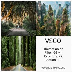 there are three different pictures with the words vsco them green and exposure + 2 contrast = 1