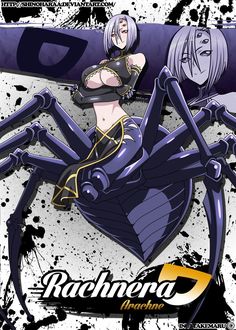 an anime character laying on top of a giant spider in front of a black and white background