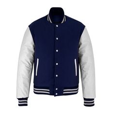 Classic Varsity Jackets - bomber jacket - customize varsity jacket White Varsity Outerwear With Contrast Color, White Outerwear With Contrast Color For College, Classic White Outerwear With Contrast Trim, Blue Contrast Color Outerwear For Streetwear, Classic Navy Outerwear For College, Classic Blue Long Sleeve Varsity Jacket, Classic Navy Varsity Jacket For College, Classic Blue Varsity Jacket For Fall, Blue Fitted Varsity Jacket