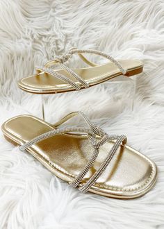 This sandal features a diamond twisted knot on the top straps. Super dainty and elegant! THIS ITEM IS A FINAL SALE Sandal Tali, Top Straps, Twist Of Fate, Flat Slipper, Twist Knot, Only Shoes, On The Top, Final Sale, Gold Metal