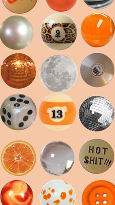 many different types of buttons are shown in this image, including oranges and white