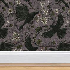 an image of a wallpaper with birds and flowers on it in a room setting