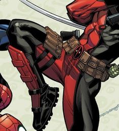 a deadpool character is in the air with two swords, and another deadpool figure behind him