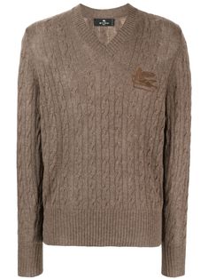 coffee brown cashmere cable knit signature Pegaso motif embroidered logo at the chest ribbed V-neck long sleeves ribbed cuffs and hem Brown Cashmere V-neck Sweater, Luxury V-neck Sweater For Fall, Luxury Wool V-neck Sweater, Luxury Long Sleeve Cable Knit Sweater, Classic Brown Cable Knit Sweater, Designer Brown Wool Sweater, Classic Brown Ribbed Sweater, Luxury Brown Wool Sweater, Designer Brown Sweater For Winter