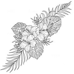 a drawing of flowers and leaves on a white background