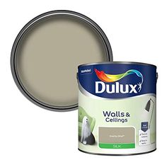 dulux wall and ceiling paint in satin grey, with a white dog on the side