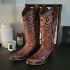 Nwot, Never Worn Aside From Trying Them On In Store Brown Embroidered Boots With Round Toe, Brown Embroidered Round Toe Boots, Brown Embroidered Closed Toe Boots, Brown Embroidered Western Boots, Traditional Brown Boots For Fall, Women's Circle, Cowboy Boots, Me Too Shoes, Black And Brown