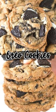 chocolate chip cookies stacked on top of each other with the words oreo cookies above them