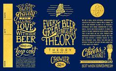 the back and front pages of an advertisement for beer, with gold lettering on blue background