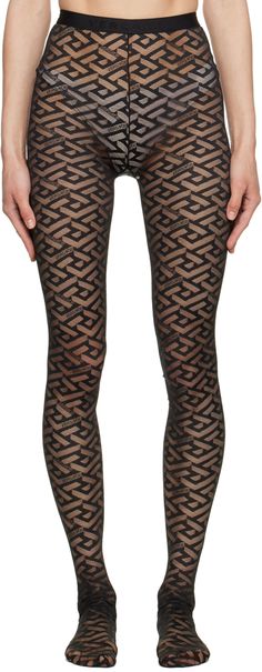 Stretch nylon tulle tights. · Jacquard logo pattern throughout · Logo-woven elasticized waistband Supplier color: Black Versace Pattern, Versace Outfit, Logo Pattern, Black Tights, Online Shopping Clothes, Luxury Streetwear, Versace, Fashion Clothing, Tights