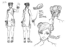 three sketches of women with different hair styles, one wearing a dress and the other holding a