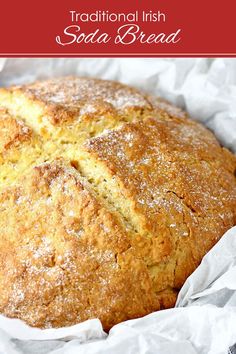 traditional irish soda bread in a basket with text overlay