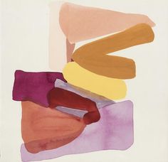 an abstract painting with different colors and shapes on it's white background, including red, orange, yellow, purple, and pink