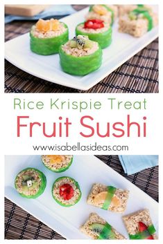 rice krispie treat fruit sushi on a white plate