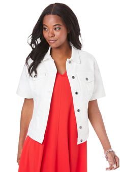 A vintage-inspired warm-weather update to the classic jean jacket. It's made from easy, stretch denim and features a shaped fit with unique detailing. Button-front. Patch pocket with flap and button closure. 24" lengthCotton/spandexMachine washImported | Plus Size Women's Short-Sleeve Stretch Denim Jacket by Roaman's in White (Size 18 W) Short Sleeve Cotton Denim Jacket For Fall, Outfit With White Jacket, Denim Sundress, Denim Jacket Short, Weather Update, Denim Outfits, Current Fashion, Jean Jacket Women, Distressed Denim Jacket