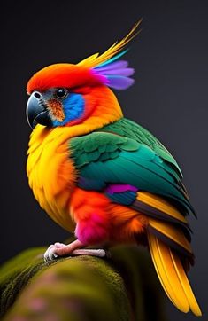 a colorful bird sitting on top of a green leaf covered tree branch in front of a dark background