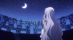 a woman with long white hair standing in front of an empty auditorium looking up at the moon