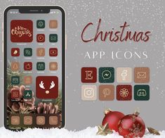 the christmas app icons are displayed next to an iphone in the snow with ornaments on it