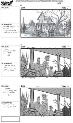 an animation storyboard showing the concept art for a house with two stories in it