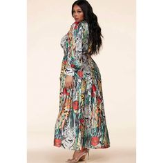 This gorgeous maxi dress with elegant tigers peering out from behind the floral bushes is simply elegant. You will want her for your next event to SHOW UP Sis! Fit and flow shape Collared neckline Half way button-up placket closure Long Blouson Sleeves Detachable circle chain belt INCLUDED Full-length Maxi *Model is 5'8", and wearing size 1X Luxury Printed V-neck Maxi Dress, Casual Leopard Print Maxi Dress With V-neck, Multicolor Floral Print Maxi Dress With 3/4 Sleeves, Flare Maxi Skirt, Gorgeous Maxi Dresses, V-neck Multicolor Abstract Print Maxi Dress, How To Look Rich, Multicolor Abstract Print V-neck Maxi Dress, Denim Flares