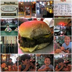 a collage of photos showing people eating hamburgers and drinking beer at a bar