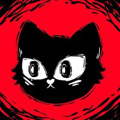 a black and white cat's face is shown in front of a red background