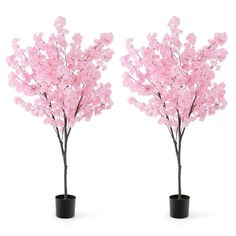 two vases with pink flowers in them on a white background and one is black