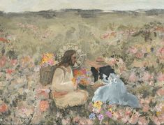 a painting of a woman sitting in a field with a dog