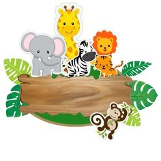 a group of animals sitting on top of a wooden sign surrounded by jungle plants and leaves