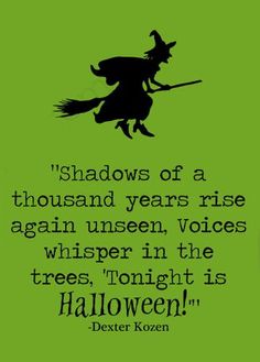 a green background with a black silhouette of a witch on a broom and the words'shadows of a thousand years rise again unseen, whisper in the trees, tonight is halloween