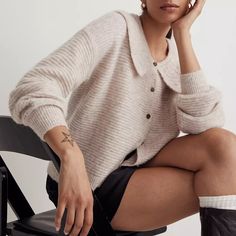 “The Cardigan Of Your Cottagecore Dreams. Knit From A Supersoft, Lofty Blended Yarn, This Delicate Pointelle Sweater Has A Charming Peter Pan Collar, Balloon Sleeves And A Button Front. Cropped Fit. Body Length From High Point Of Shoulder: 21" (Based On Size M). 50% Recycled Polyester/20% Alpaca/18% Wool/9% Polyamide/3% Elastane. Do Well: Made Using Polyester Recycled From Postconsumer Plastic, Which Helps Keep Trash Out Of Landfills; This Style Also Uses Rws-Certified Wool From Farms That Take Madewell Cardigan, Pointelle Cardigan, Oversized Sweater Cardigan, Pointelle Sweater, Three Dots, Madewell Sweater, Collar Cardigan, Wool Turtleneck, Style Cardigan