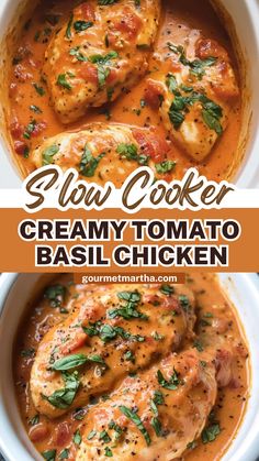 creamy tomato basil chicken in a white bowl with text overlay