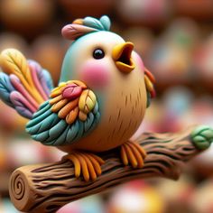 a colorful bird figurine sitting on top of a wooden branch