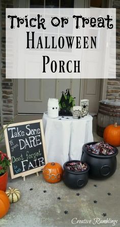 trick - or - treat halloween porch with pumpkins and potted plants on the table