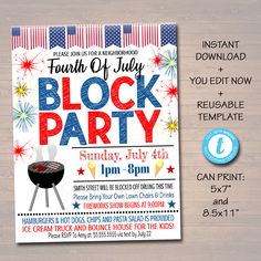 this is an image of a fourth of july bbq party flyer with fireworks on it