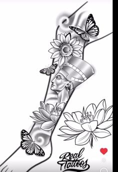 a black and white tattoo design with flowers, butterflies and a woman's face