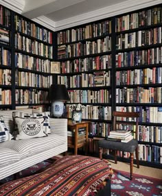 a living room filled with lots of books on top of a book shelf next to a couch