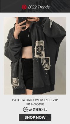 PATCHWORK OVERSIZED ZIP UP HOODIE Trendy Oversized Hoodie With Zipper, Crop Zip Up Hoodie Outfit, Zip Up Hoodie Aesthetic Grunge, Harajuku Zip Up Hoodie, Alt Zip Up Hoodie, Emo Zip Up Hoodie, Crop Zip Up Hoodie, E Girl Style, Aesthetic Hoodies