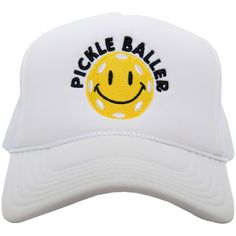 Check out this adorable Pickle Baller Trucker Hat! This foam trucker hat is sure to make you stand out on the court, and the snap adjustment means it will always fit just right. Plus, who can resist that cute pickle ball and smiley face design? 65% cotton, 35% polyester machine wash delicate or hand wash one size fits most adjustable back mesh netting snapback closure Are you looking for wholesale hats online? Look no further than Katydid Wholesale! We offer an extensive selection of wholesale h Trendy White Snapback Hat For Baseball Season, Playful White Baseball Cap For Summer, Casual Snapback Trucker Hat For Pickleball, Playful White Trucker Hat, Adjustable Novelty Sports Hats, Sporty White Bucket Hat, Playful White Snapback Trucker Hat, Fun Sports Snapback Trucker Hat, Fun Snapback Trucker Hat For Sports