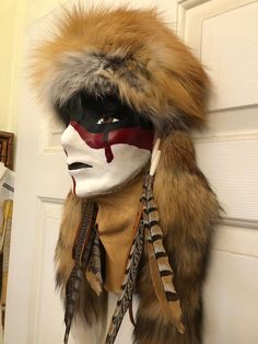 Handmade Native American mask with war paint, feathers, fur, hand stretched and hand painted, unique, one-of-a-kind, only one like it! Paint Feathers, Native Warrior, Native American Masks, Warrior Mask, Leather Face Mask, Leather Face, Native American Style, Native American Fashion, Beads Handmade