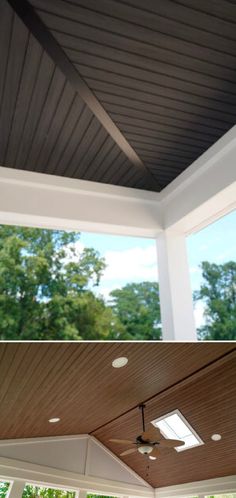 two pictures of the same roof and ceiling in different stages of being installed on an outdoor patio