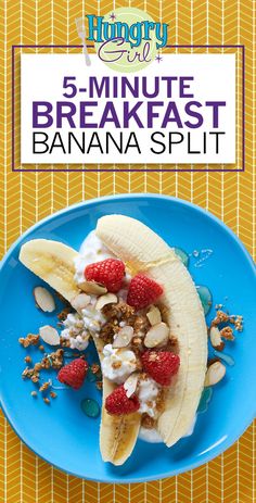 a blue plate topped with bananas and granola next to a banana split on a yellow tablecloth