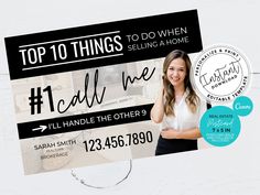 a business card with the words top 10 things to do when selling a home call me