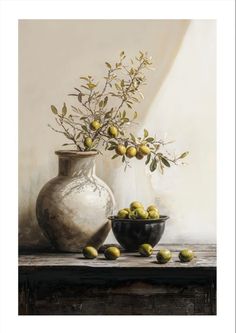 a painting of two vases with lemons on a table next to each other