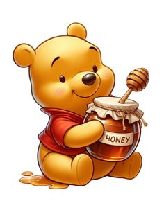 a winnie the pooh bear holding a honey jar