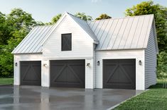 a two car garage with three windows on the front and one door open to let in light