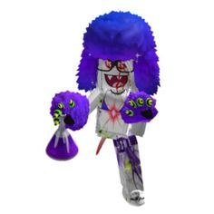 a lego figure with blue hair and purple makeup holding a purple object in his hand