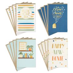 six greeting cards with the words happy new home