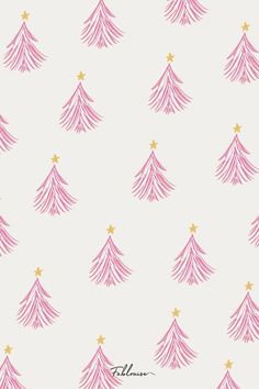 pink christmas trees with gold stars on a light gray background, seamless wallpaper