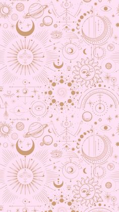 a pink and gold wallpaper with sun, moon and stars